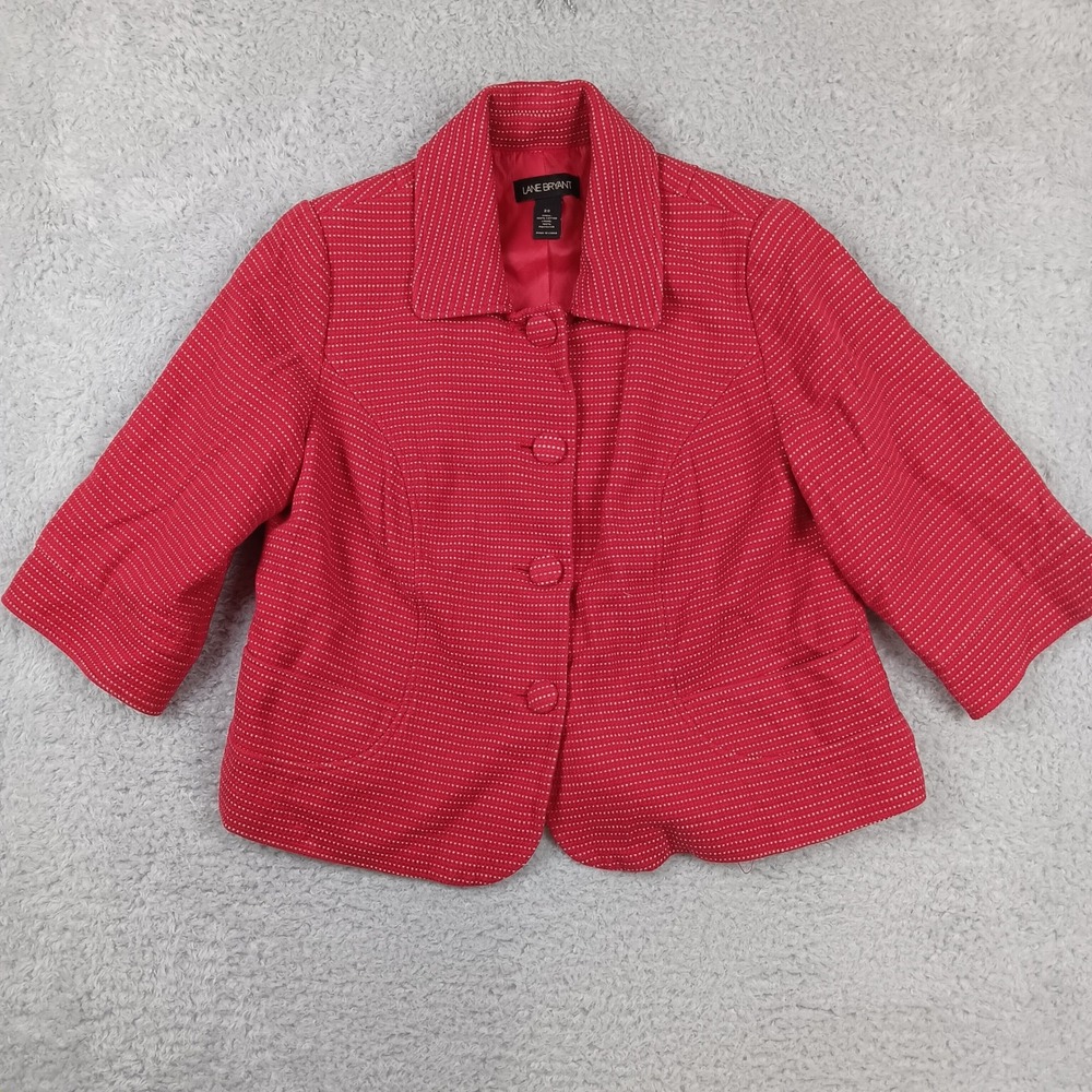 Lane Bryant Blazer Women 20 Red Textured Cotton 3/4 Sleeve Button Front Jacket